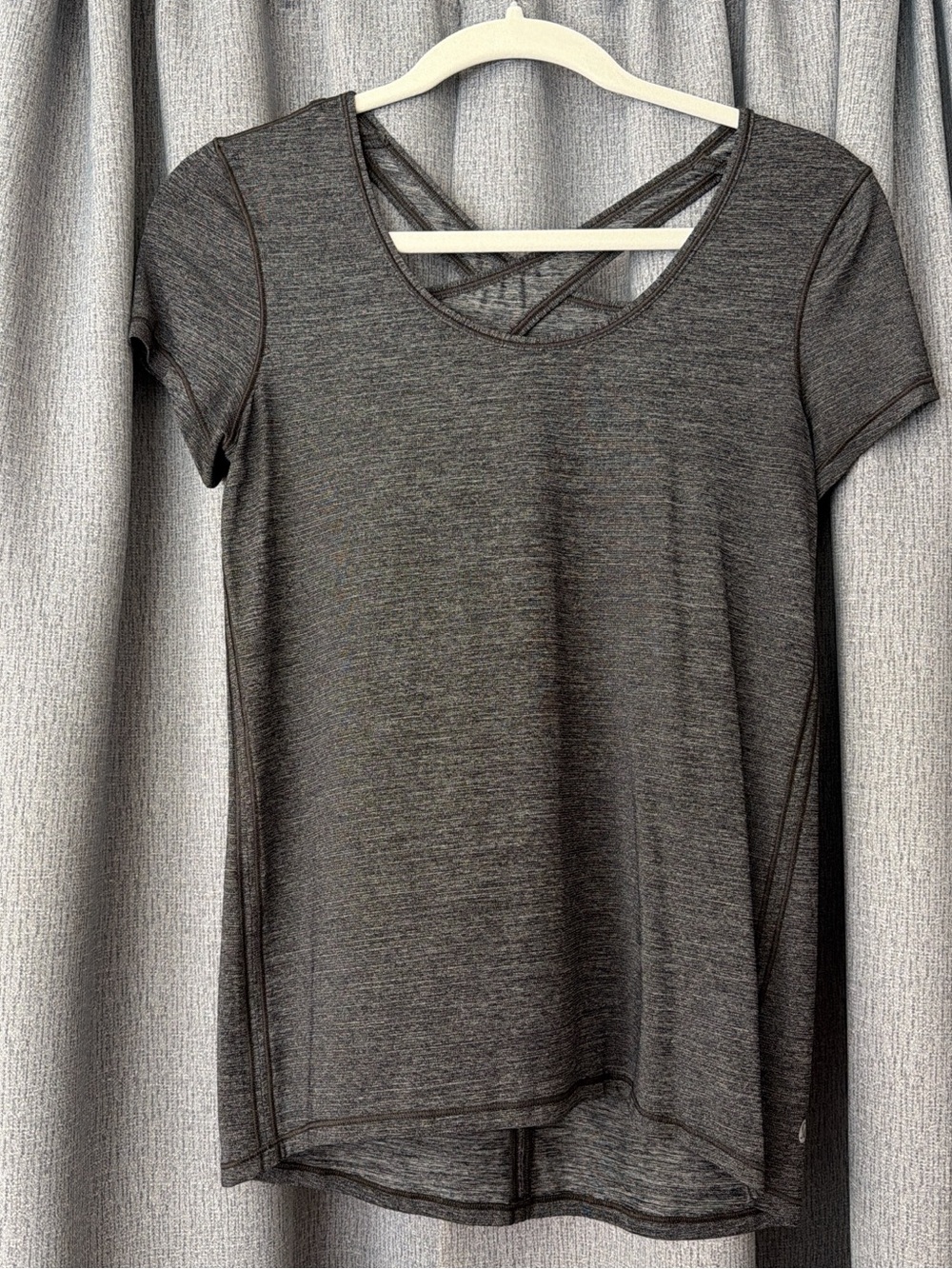 lululemon athletica Short Sleeve Heathered Charcoal Tee with Crisscross Back